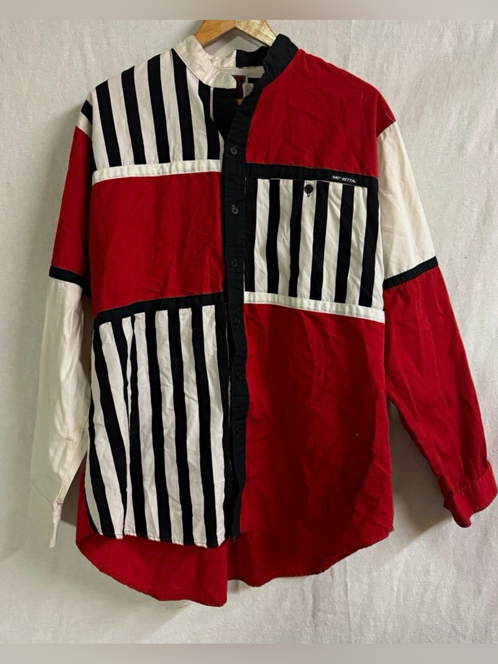 Vintage 90s Mo Betta Western Shirt Colorblock Red Black White Striped 17.5x35